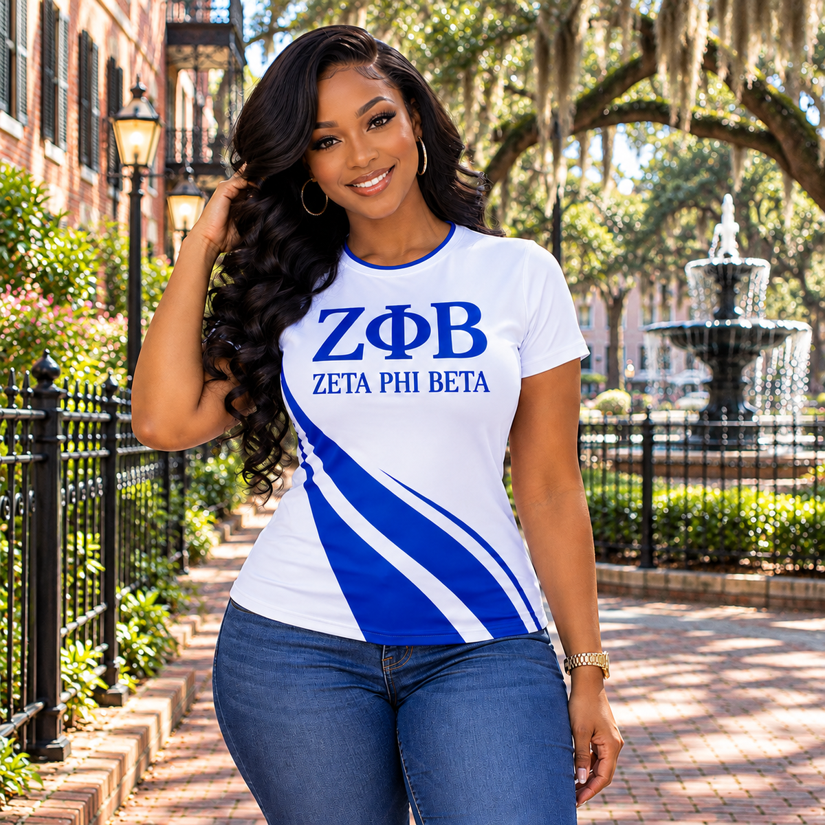 Zeta Phi Beta White & Royal Blue Wave All-Over Print Shirt