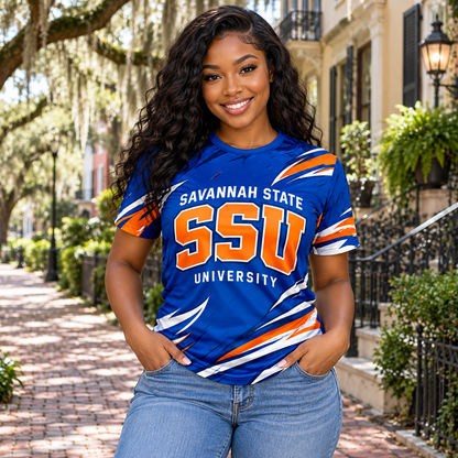 Savannah State University SSU Tigers Blue & Orange All-Over Print T-Shirt