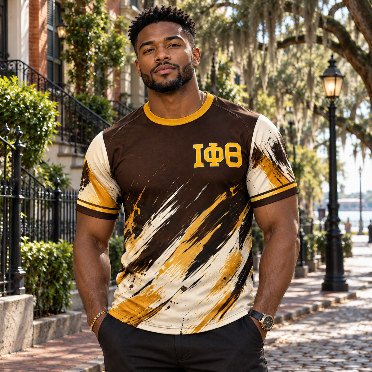 Iota Phi Theta Brown & Gold Brushstroke All-Over T-Shirt