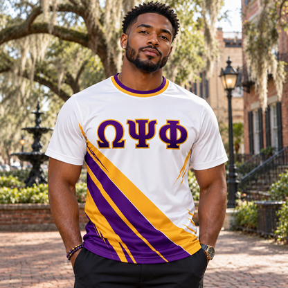 Omega Psi Phi Crest White Purple & Gold All-Over T-Shirt