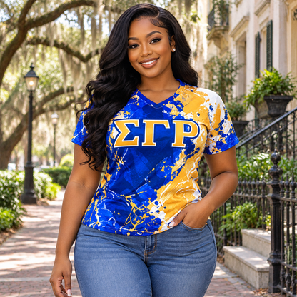 Sigma Gamma Rho Blue Gold Splatter V-Neck All-Over Print Shirt