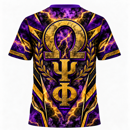 Omega Psi Phi Purple & Gold Lightning Bulldog All-Over Print T-Shirt