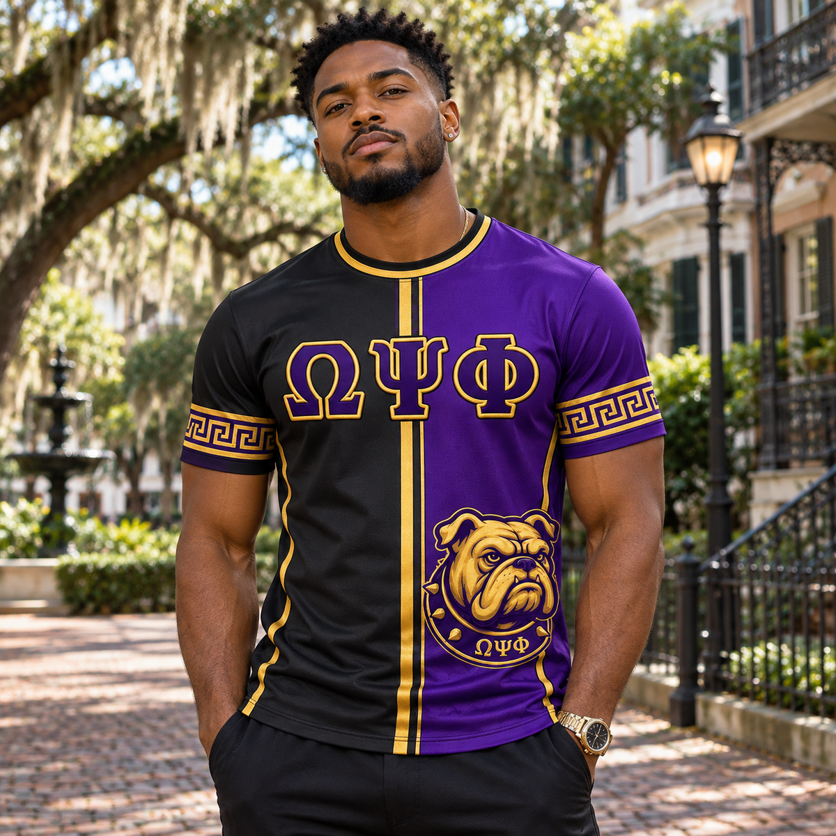 Omega Psi Phi Bulldog Split Purple & Black All-Over T-Shirt
