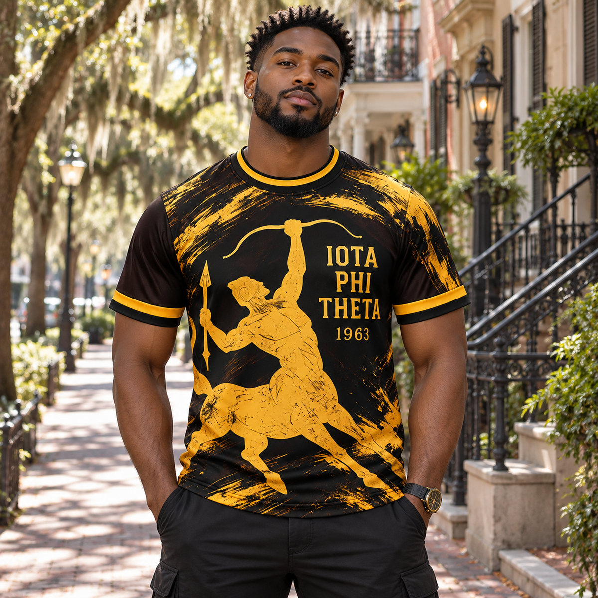 Iota Phi Theta Centaur Black & Gold All-Over T-Shirt