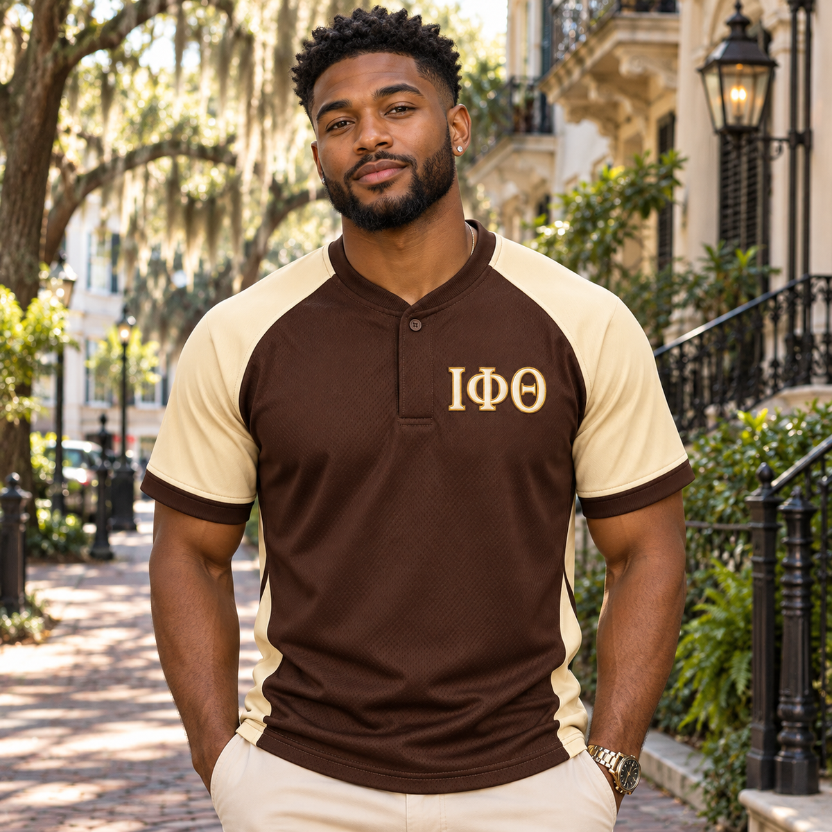Iota Phi Theta Brown & Cream Henley Baseball All-Over T-Shirt