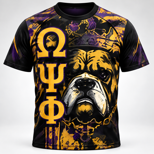 Omega Psi Phi Crowned Bulldog Black Purple & Gold All-Over Shirt