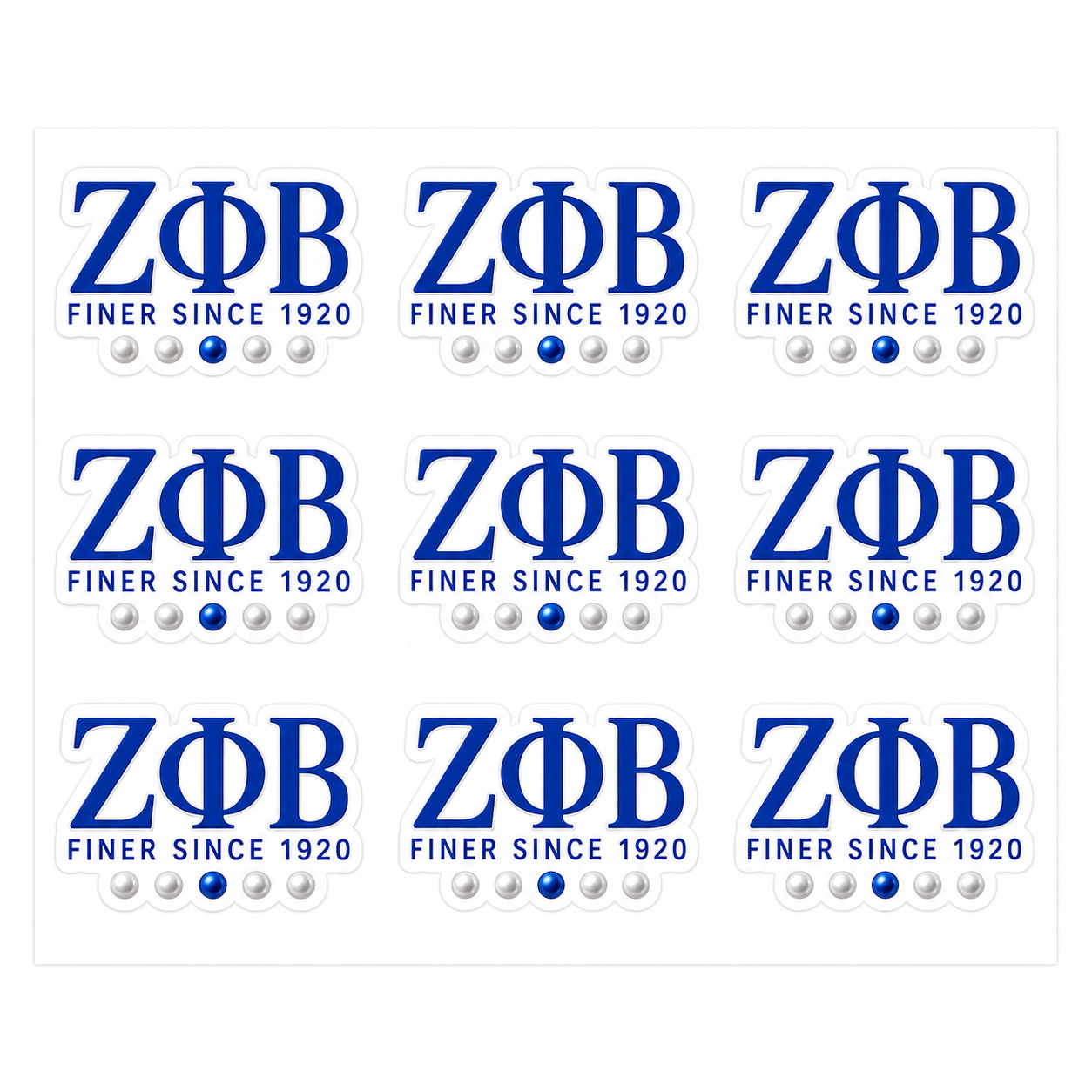 A sheet of nine identical Zeta Phi Beta fraternity stickers, each featuring the Greek letters 'ZΦB' in blue, the motto 'FINER SINCE 1920' in white, and a row of five Greek letters in white below.