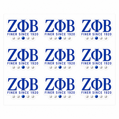 A sheet of nine identical Zeta Phi Beta fraternity stickers, each featuring the Greek letters 'ZΦB' in blue, the motto 'FINER SINCE 1920' in white, and a row of five Greek letters in white below.
