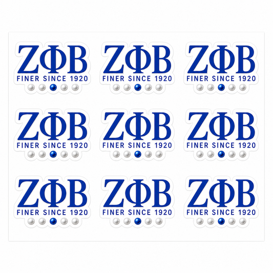 A sheet of nine identical Zeta Phi Beta fraternity stickers, each featuring the Greek letters 'ZΦB' in blue, the motto 'FINER SINCE 1920' in white, and a row of five Greek letters in white below.