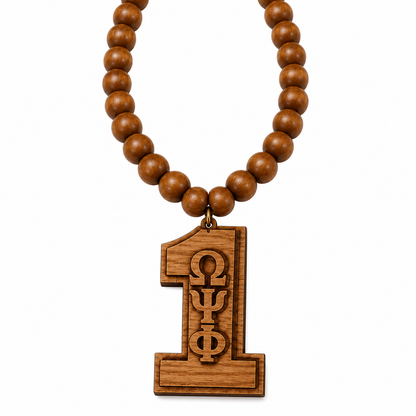 Omega Psi Phi Wooden Beaded Necklace with Number Pendant