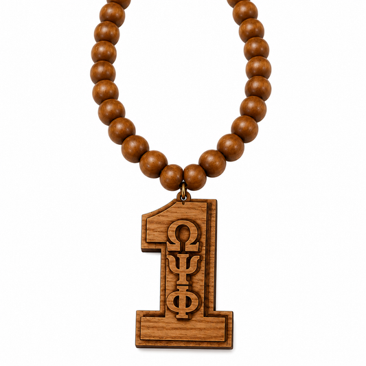 Omega Psi Phi Wooden Beaded Necklace with Number Pendant