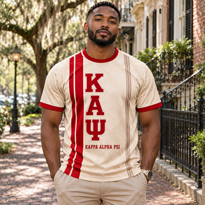Kappa Alpha Psi Cream & Crimson Vertical Greek Letters All-Over Print T-Shirt