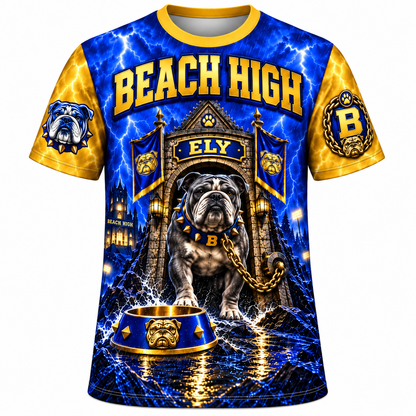 Beach High Bulldogs Blue & Gold All-Over Print T-Shirt