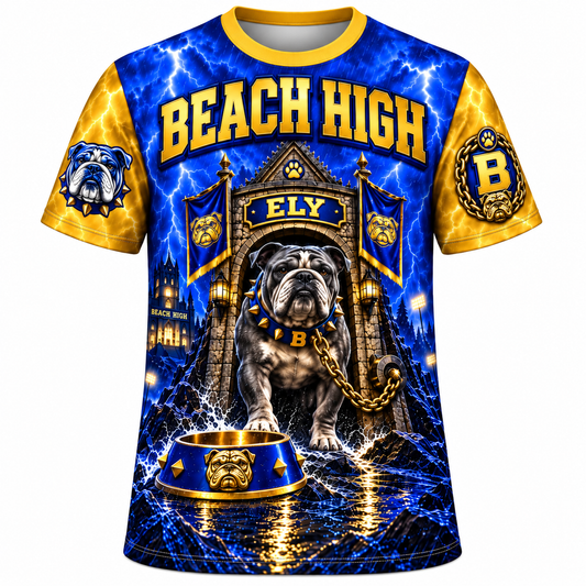 Beach High Bulldogs Blue & Gold All-Over Print T-Shirt