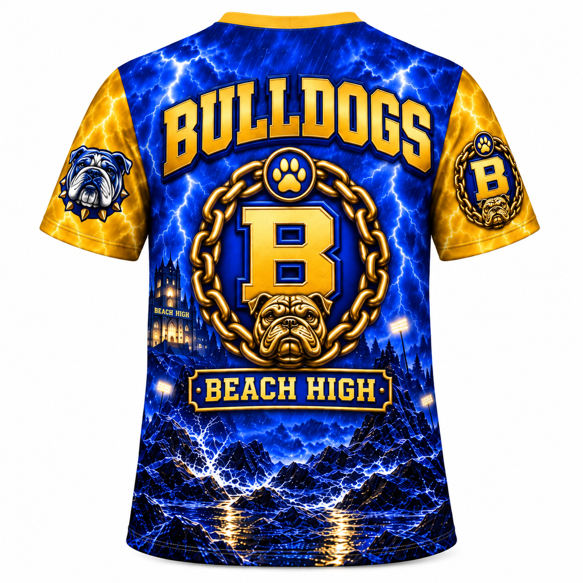 Beach High Bulldogs Blue & Gold All-Over Print T-Shirt