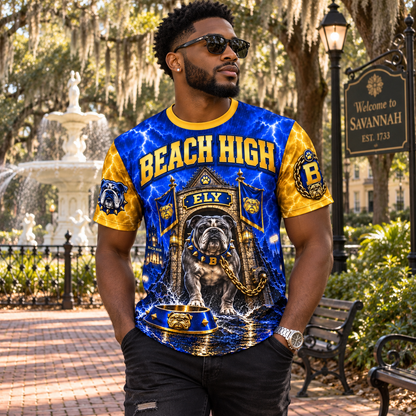 Beach High Bulldogs Blue & Gold All-Over Print T-Shirt