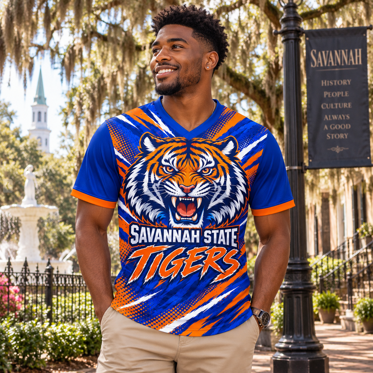 Savannah State Tigers The Den 1890 Blue & Orange All-Over Print T-Shirt