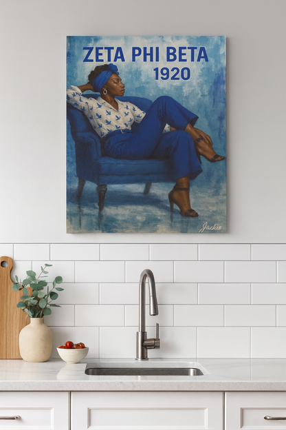 Zeta Phi Beta 1920 poster on a wall above a kitchen sink.