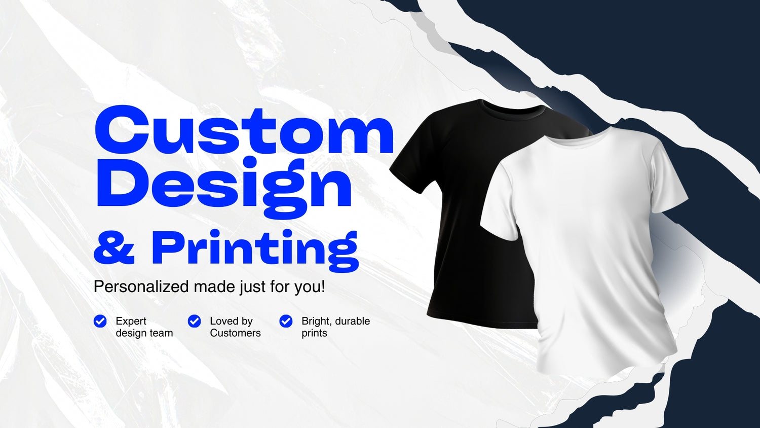 Black and white t-shirts with 'Custom Design & Printing' text on a blue and white background