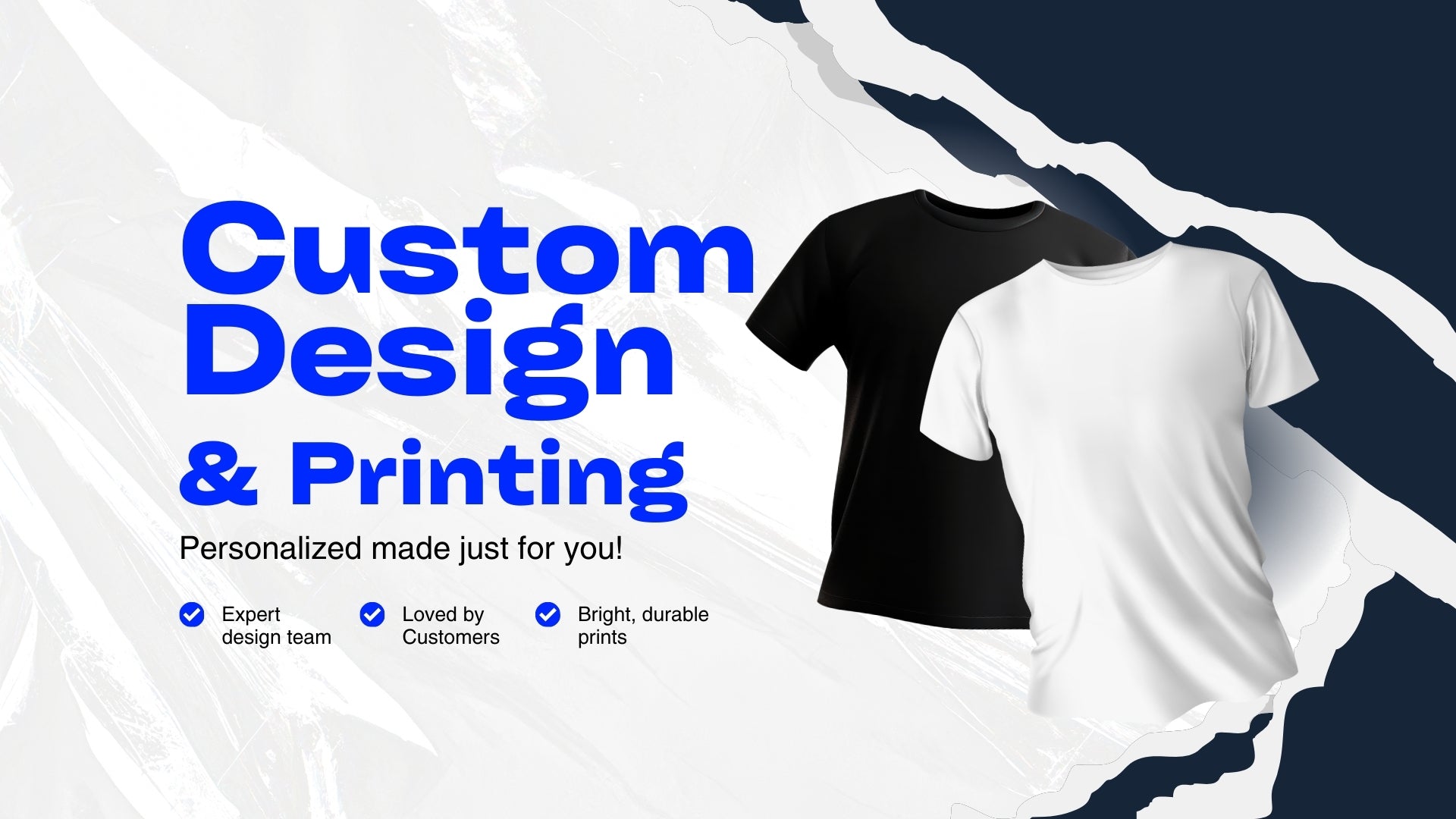 Black and white t-shirts with 'Custom Design & Printing' text on a blue and white background