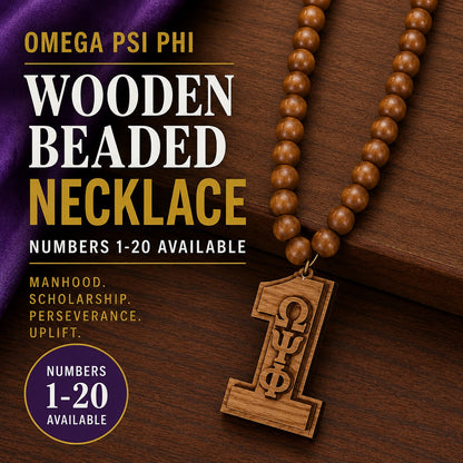 Omega Psi Phi Wooden Beaded Necklace with Number Pendant