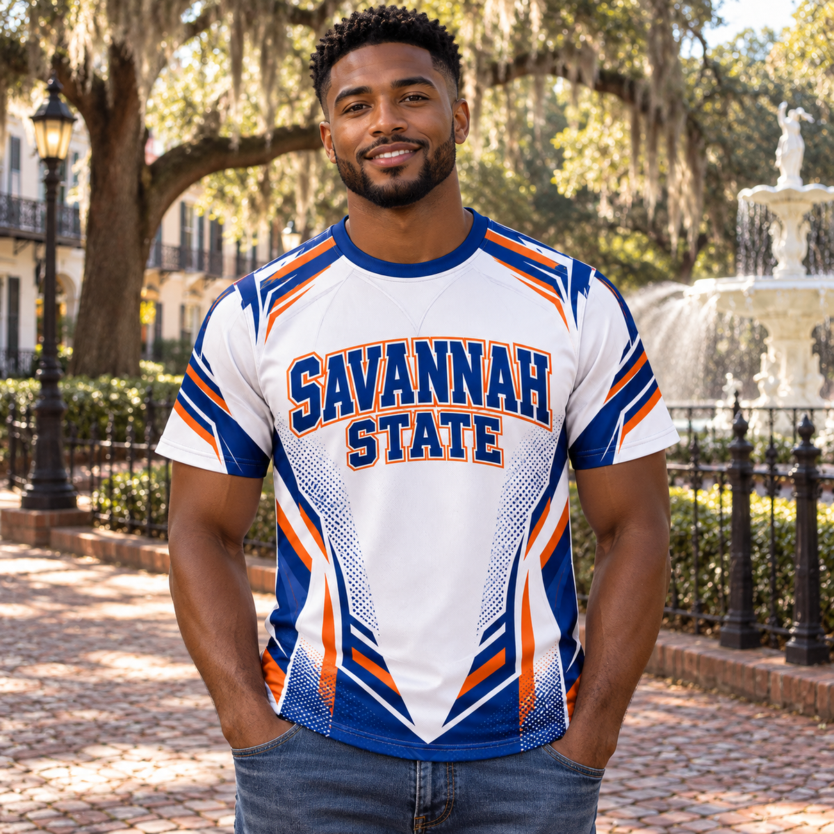 Savannah State University Tigers White Blue & Orange All-Over Print T-Shirt