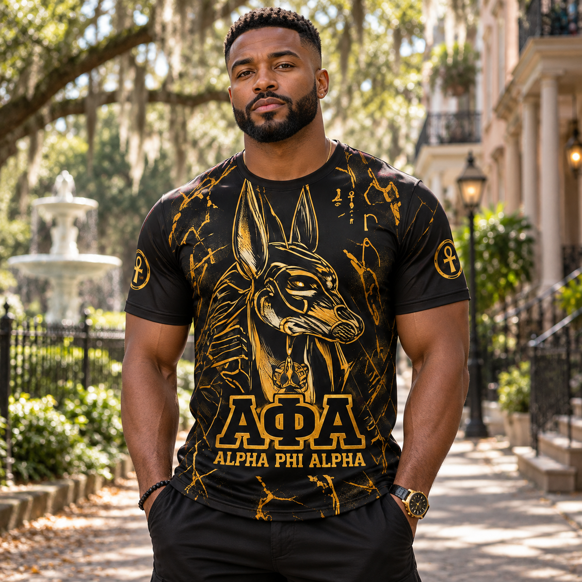 Alpha Phi Alpha Anubis 1906 Black & Gold All-Over Print T-Shirt
