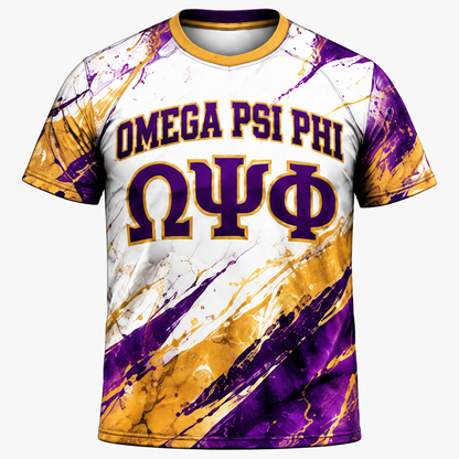 Omega Psi Phi Purple & Gold Paint Splash All-Over Shirt