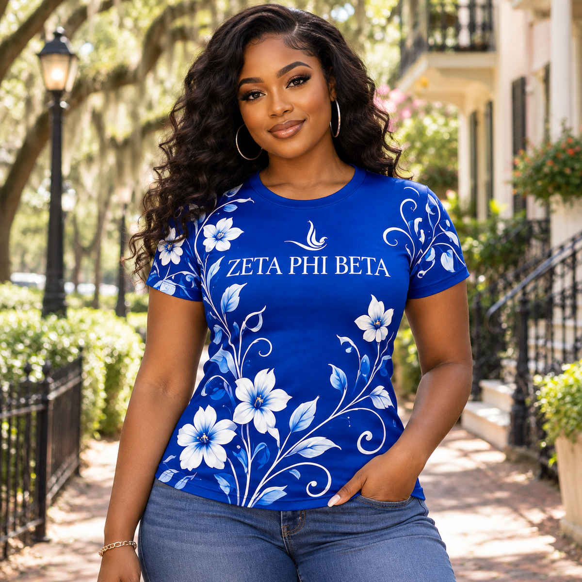 Zeta Phi Beta Royal Blue Floral All-Over Print Shirt