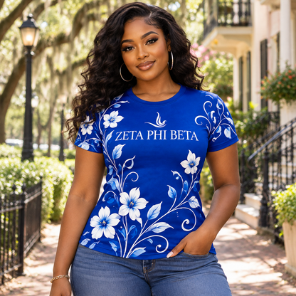 Zeta Phi Beta Royal Blue Floral All-Over Print Shirt