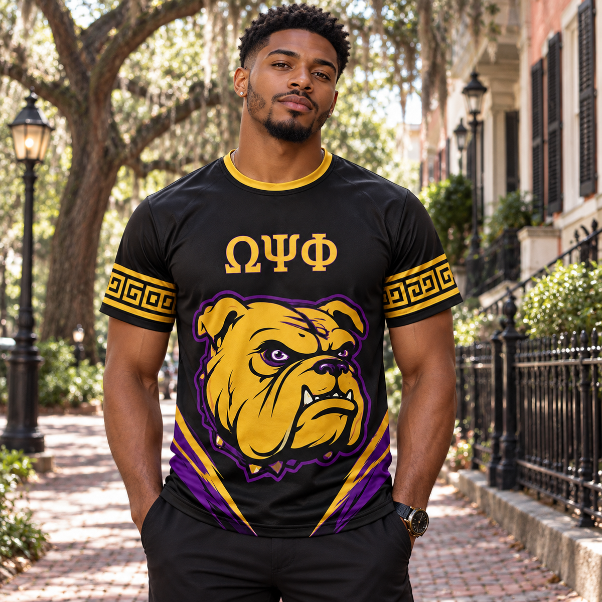 Omega Psi Phi Bulldog Black, Purple & Gold All-Over T-Shirt