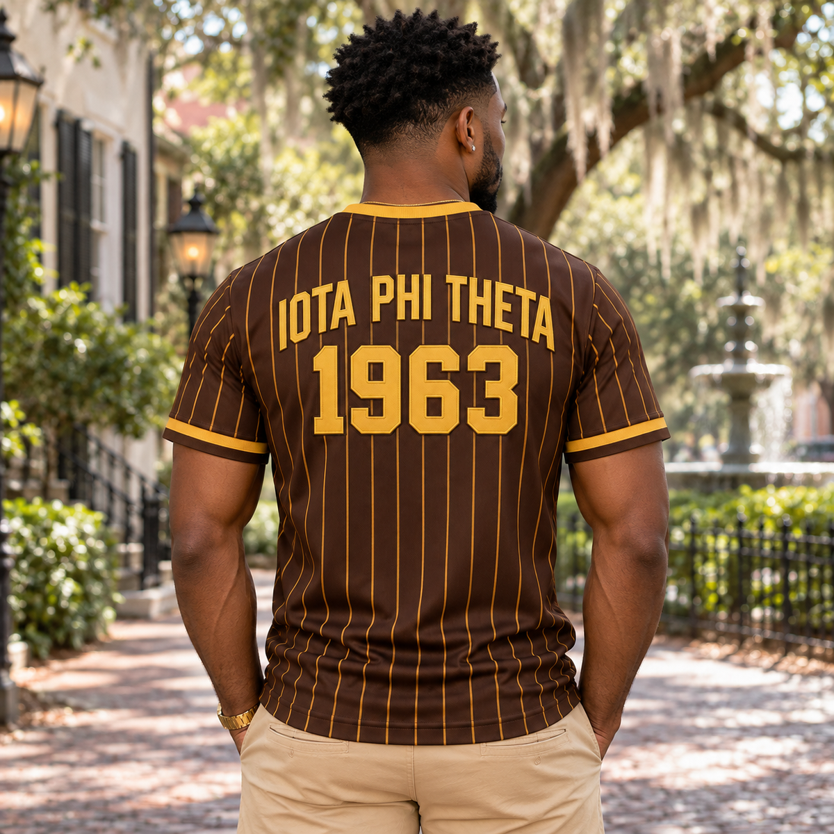 Iota Phi Theta Brown & Gold Pinstripe All-Over T-Shirt