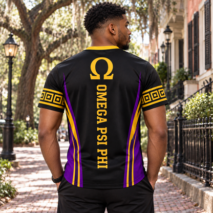 Omega Psi Phi Bulldog Black, Purple & Gold All-Over T-Shirt