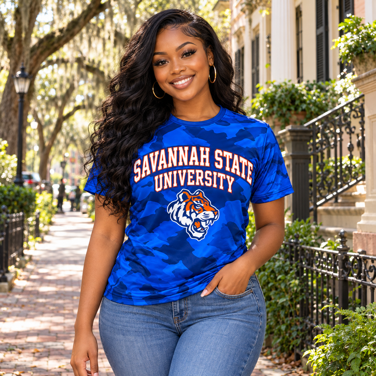 Savannah State University Tigers Blue Camo All-Over Print T-Shirt