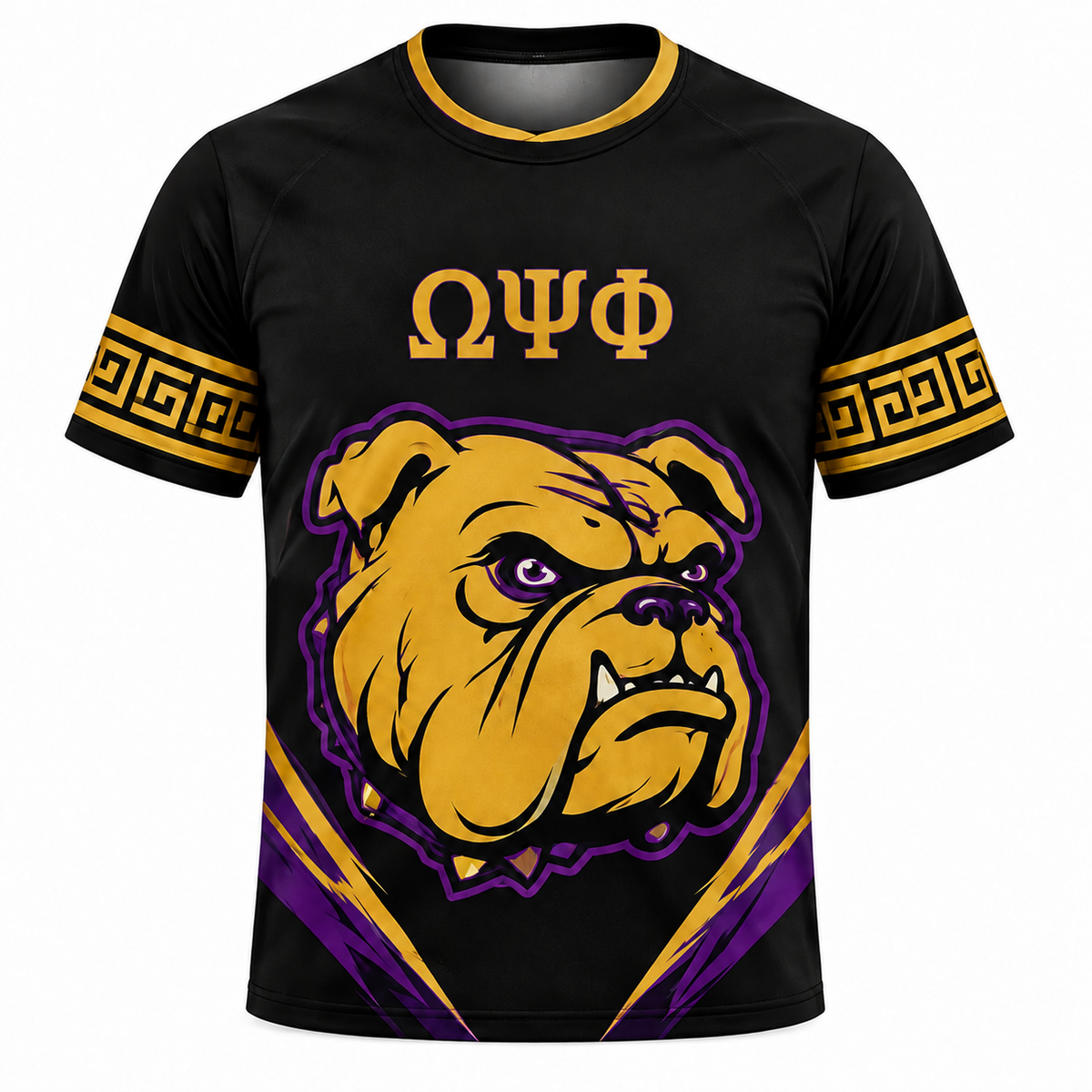 Omega Psi Phi Bulldog Black, Purple & Gold All-Over T-Shirt