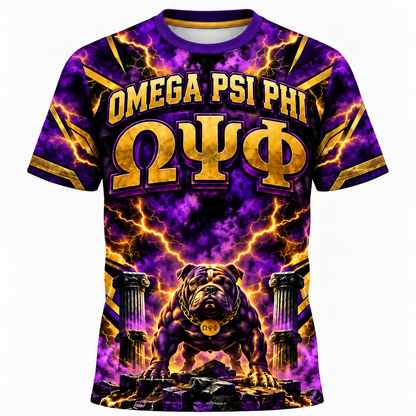 Omega Psi Phi Purple & Gold Lightning Bulldog All-Over Print T-Shirt