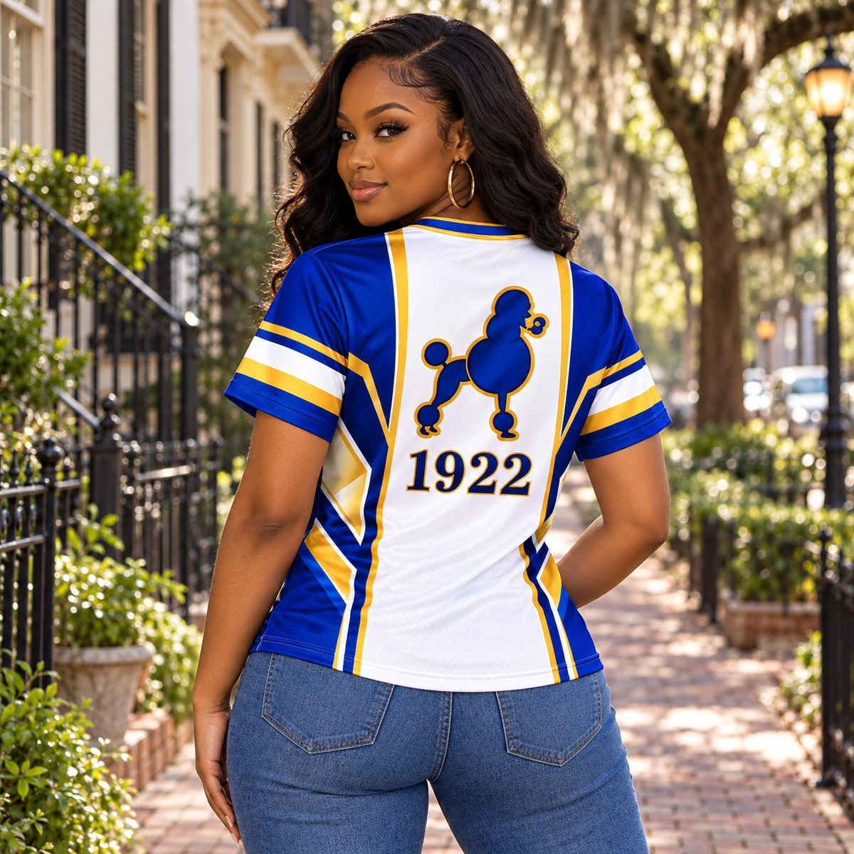 Sigma Gamma Rho 1922 Poodle Blue Gold V-Neck All-Over Print Jersey Shirt