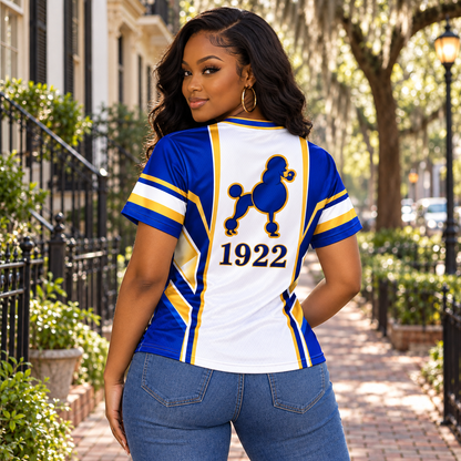 Sigma Gamma Rho 1922 Poodle Blue Gold V-Neck All-Over Print Jersey Shirt