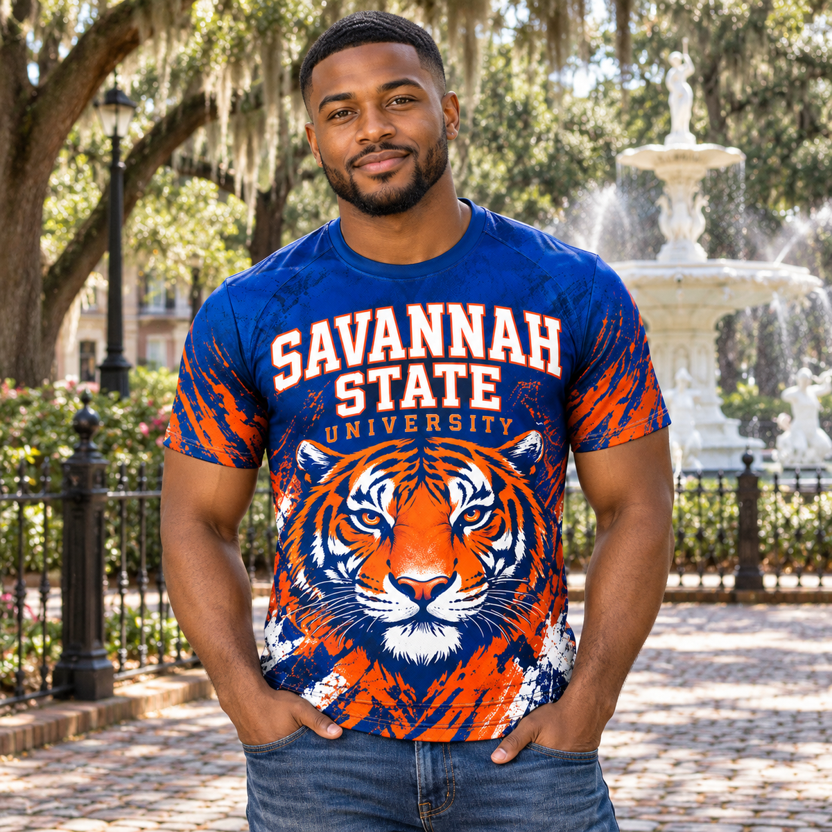 Savannah State University Tigers Blue & Orange All-Over Print T-Shirt