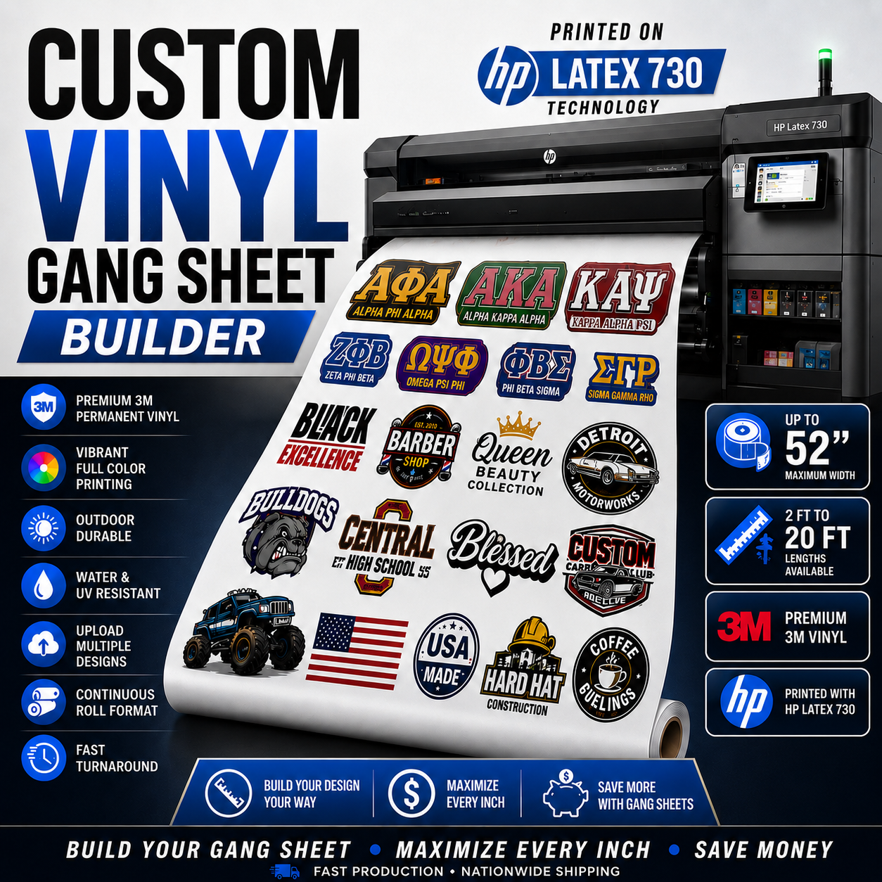 Roll of vinyl with logos and text, displayed in front of an HP Latex 730 printer.