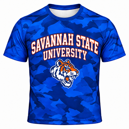 Savannah State University Tigers Blue Camo All-Over Print T-Shirt