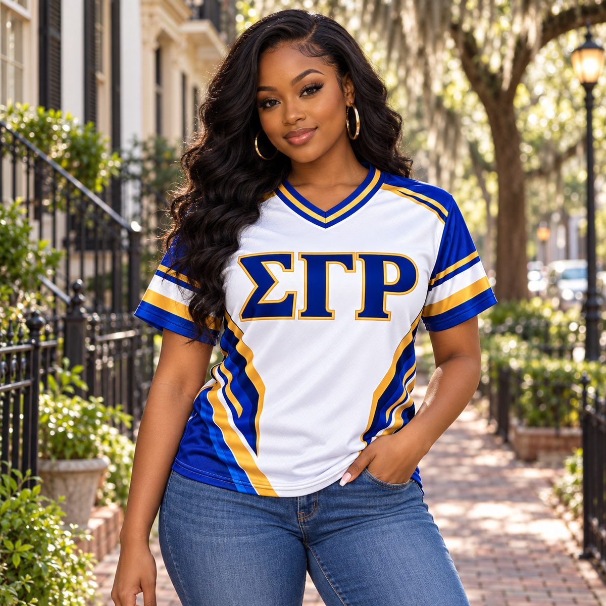 Sigma Gamma Rho 1922 Poodle Blue Gold V-Neck All-Over Print Jersey Shirt