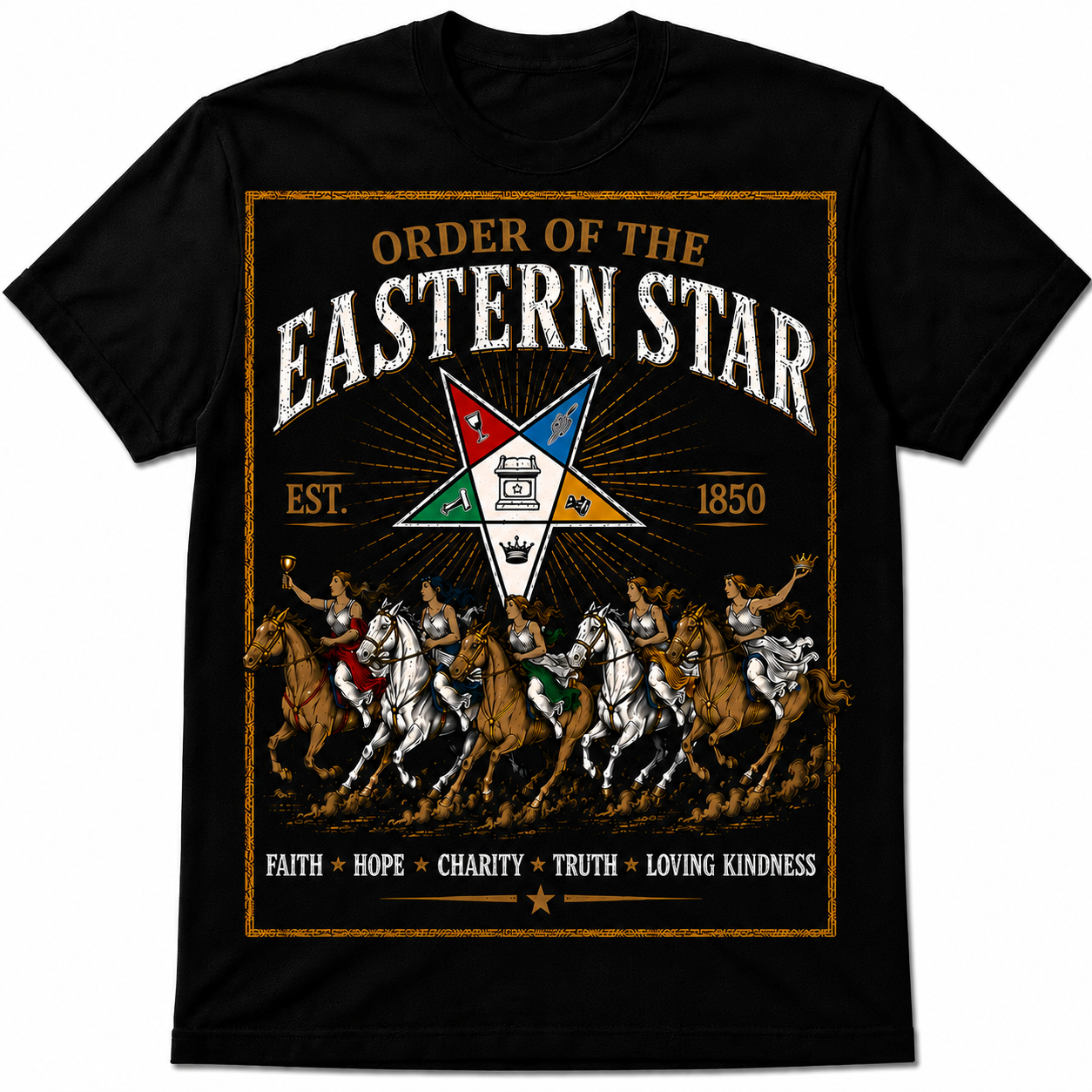 Black Order of the Eastern Star T-shirt with vintage riders, multicolor Eastern Star emblem, EST. 1850, and distressed lettering