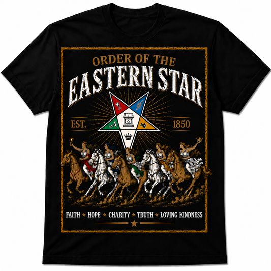 Black Order of the Eastern Star T-shirt with vintage riders, multicolor Eastern Star emblem, EST. 1850, and distressed lettering