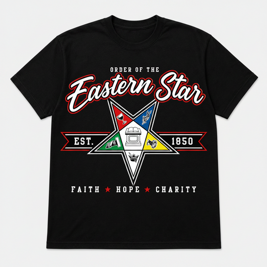 Black Order of the Eastern Star Faith Hope Charity T-shirt with red and white lettering, multicolor star emblem, and EST. 1850 banner