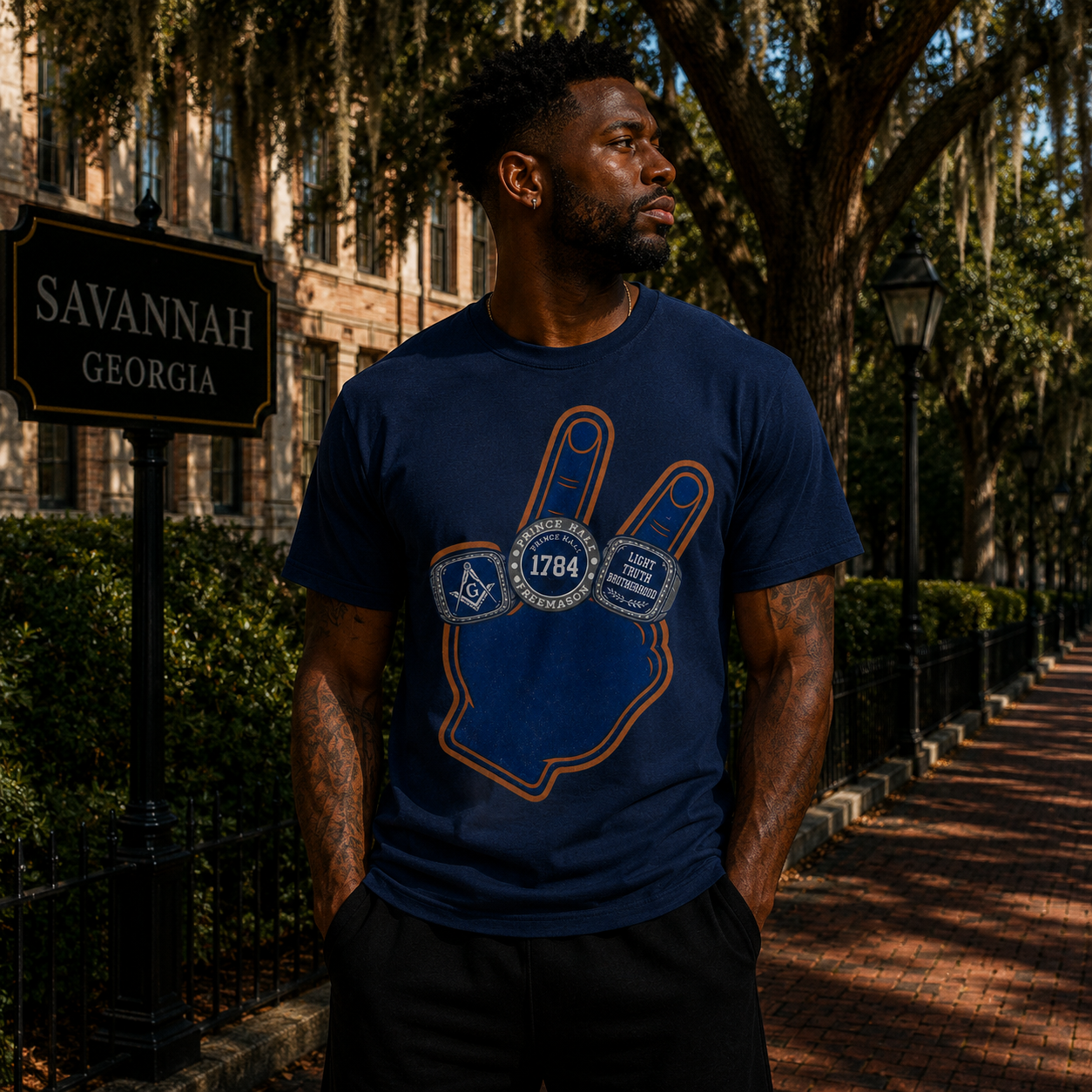 Male model in Savannah wearing the Prince Hall Masonic Hand navy T-shirt