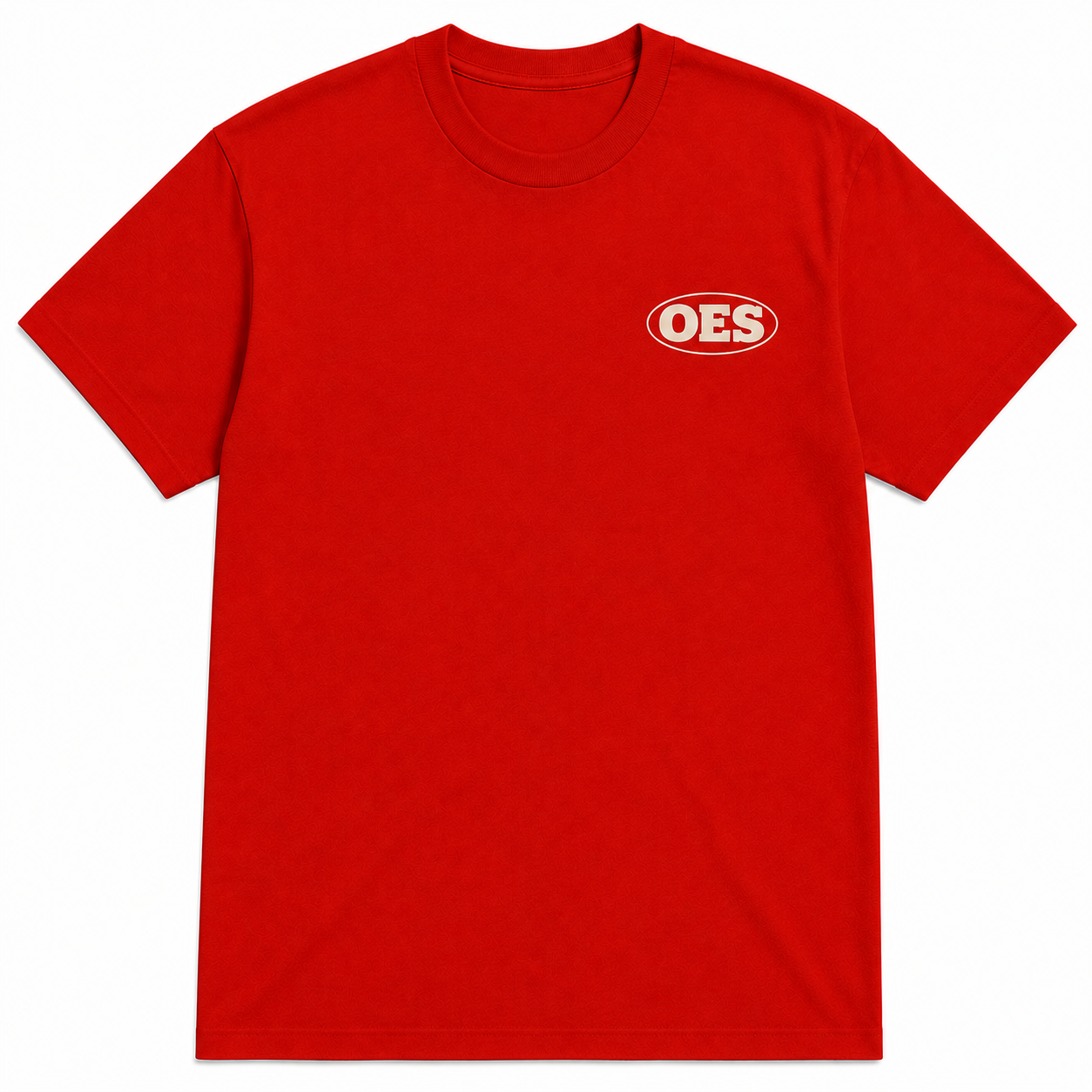 Front of red Order of the Eastern Star T-shirt with a small cream OES chest graphic