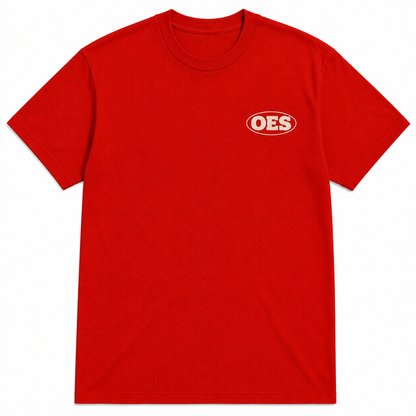 Front of red Order of the Eastern Star T-shirt with a small cream OES chest graphic