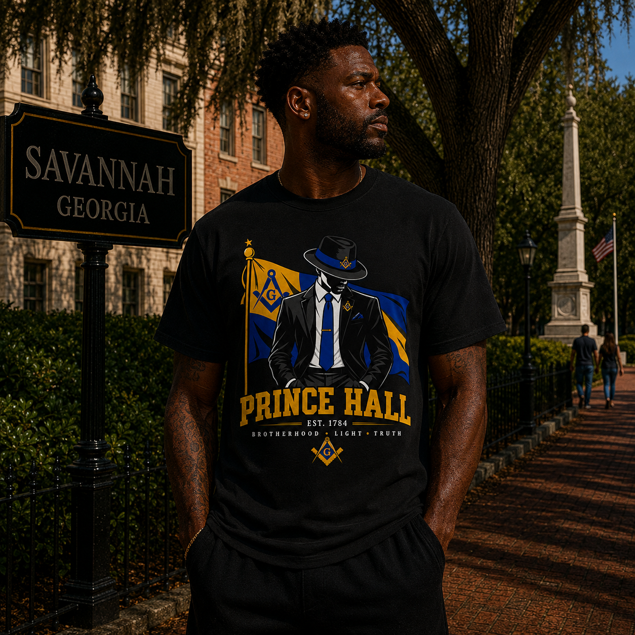 Male model in Savannah wearing the Prince Hall Gentleman Masonic Heritage black T-shirt