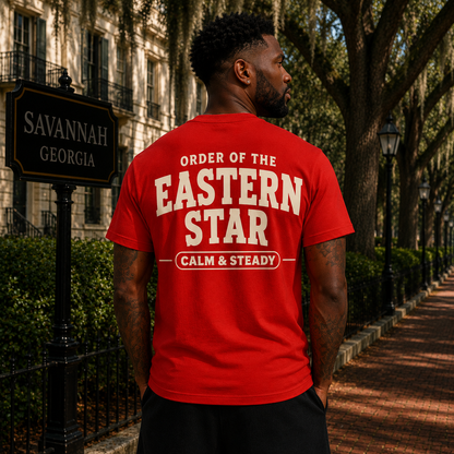 Black man wearing the back of the red Order of the Eastern Star Calm and Steady T-shirt in Savannah, Georgia